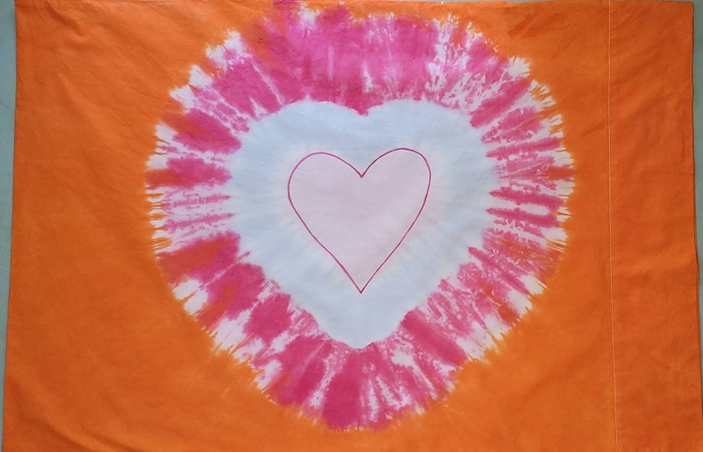 Tie-Dyed Pillowcase-Standard or King Size-Great Gift Idea repurposed pillow cases-Great for Kids and Adults, Many colors and Patterns Pink/Orange Heart