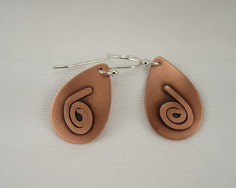 Clearance Earrings: copper 3/4 inch teardrop with copper spiral and patina;  ME23011 Carolyn Heineman