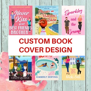 Könnte beinhalten: Eine Collage aus sechs Buchumschlägen mit individuellen Designs. Die Umschläge zeigen Illustrationen von Personen, Landschaften und Text. Der Text auf den Umschlägen umfasst Titel wie "Never Kiss Your Best Friend's Brother", "Murder on Yesterday's Storm", "Sparkles and the Grump", "Can they fake it till they make it?" und Autorennamen wie "Cindy Quayle", "Kimberly Derting" und "Nicki Bell".