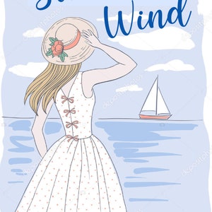 May include: A woman in a white polka dot dress and a straw hat with a pink flower stands on a beach looking out at the ocean. A sailboat is in the distance. The text "Summer Wind" is at the top of the image and "AUTHOR NAME" is at the bottom.
