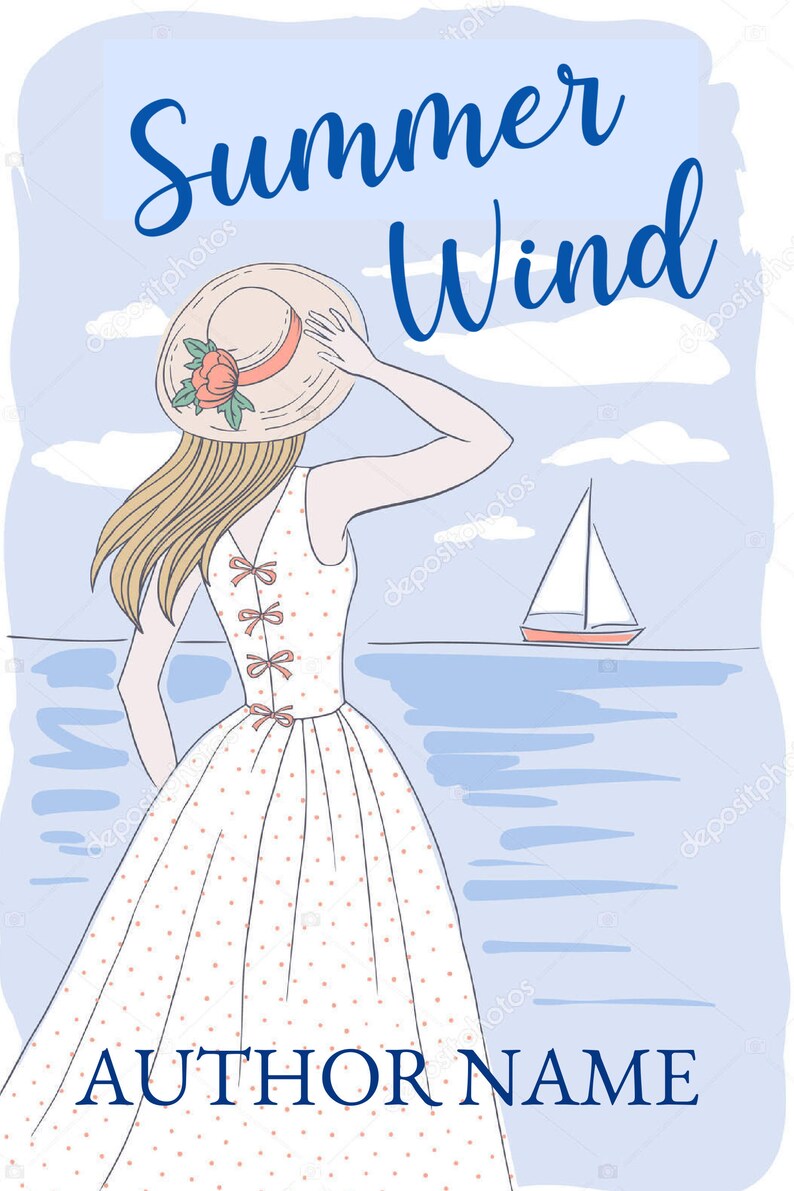 May include: A woman in a white polka dot dress and a straw hat with a pink flower stands on a beach looking out at the ocean. A sailboat is in the distance. The text "Summer Wind" is at the top of the image and "AUTHOR NAME" is at the bottom.