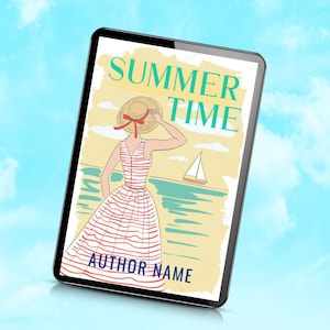May include: A digital tablet displaying a book cover with a woman in a striped dress and a straw hat, looking out at a sailboat on the water. The cover reads "Summer Time" and "Author Name".