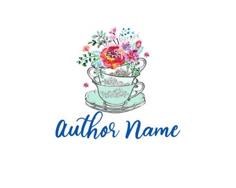 Może przedstawiać: Aquarela przedstawiająca filiżankę do herbaty i spodek z bukietem różowych, czerwonych i fioletowych kwiatów. Tekst "author name" jest napisany na niebiesko pod filiżanką.