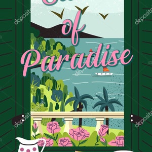 以下が含まれることがあります： 「Slice of Paradise」のピンク色の文字が入った窓からの眺めのイラスト。クロワッサンと桃の入ったお皿、コーヒーカップ、ピッチャーがテーブルにあります。海、木々、ボートが見えます。