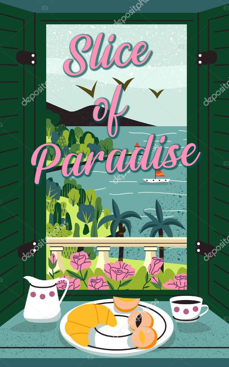 以下が含まれることがあります： 「Slice of Paradise」のピンク色の文字が入った窓からの眺めのイラスト。クロワッサンと桃の入ったお皿、コーヒーカップ、ピッチャーがテーブルにあります。海、木々、ボートが見えます。