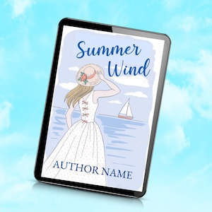 May include: Book cover with a woman in a white dress and a straw hat looking out at the ocean. The title of the book is "Summer Wind" and the author's name is listed below.