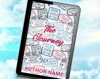 May include: A tablet screen displaying a book cover with the title "The Journey" in red text. The cover is decorated with numerous passport stamps from various countries, including Singapore, Hong Kong, Japan, and the United States. The author's name is displayed at the bottom of the cover.