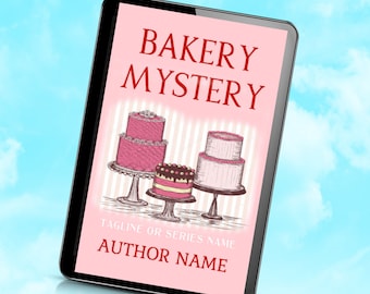 May include: A pink and white tablet computer screen displaying a book cover with the title "Bakery Mystery" in red text. The cover features a drawing of three cakes on cake stands. The text "Tagline or Series Name" and "Author Name" are also displayed on the cover.