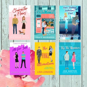 May include: A collage of book covers featuring romantic comedies with illustrated couples. The covers are colorful and feature a variety of settings, including a city street, a bakery, and a park. The titles include "Character Flaws", "French Stuff", "Fake Dating Sullivan's Dad", "All for Me", "The Fake Ultimatum", and "By The Numbers".
