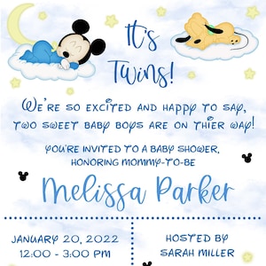 Mickey & Pluto Baby Shower Invitation, TWINS, Boy.  Personalized. Digital Download.