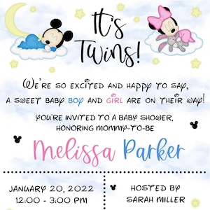 Mickey & Minnie Mouse Baby Shower Invitation, TWINS, Boy, Girl.  Personalized. Digital Download.