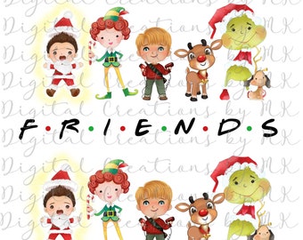 May include: A digital illustration of a Christmas-themed Friends crew. The characters include Santa Claus, an elf, a character from the movie Home Alone, the Grinch, and Rudolph the Red-Nosed Reindeer. The text "FRIENDS" is written in red and green above the characters. The text "Christmas Crew" is written in red below the characters.