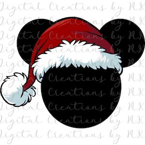 Könnte beinhalten: Schwarz-weiße Mickey-Mouse-Ohren mit einer rot-weißen Weihnachtsmütze. Die Mütze hat einen weißen Pelzbesatz.