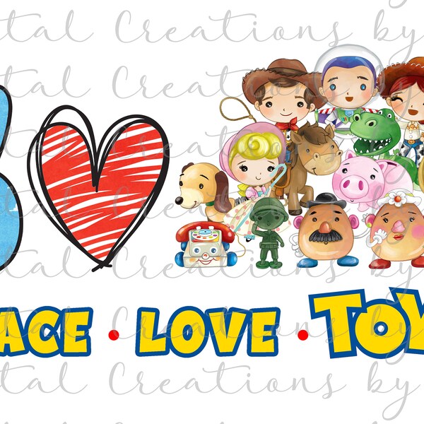 Peace Love Toys, Toy Story, PNG 300 dpi, aquarela, arquivo digital, download instantâneo
