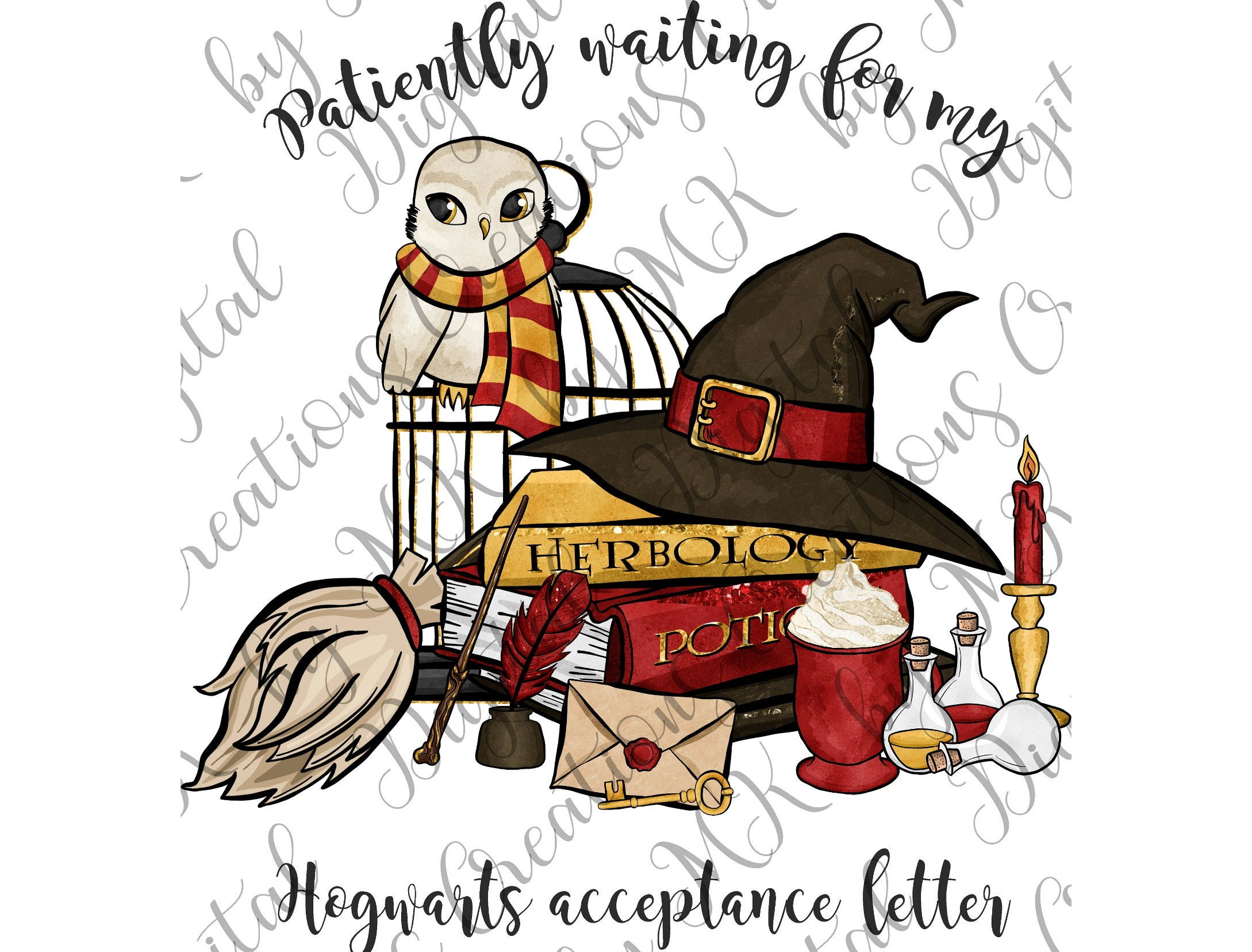 Red Wizard, Patiently Waiting Letter W/Owl,  PNG File, 300 dpi, Decal, Instant Download