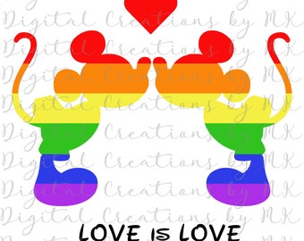 Op de afbeelding: Een kleurrijke afbeelding met twee muissilhouetten in regenboogkleuren die hun neuzen aanraken, met een rood hart erboven. De tekst "LOVE IS LOVE" staat eronder in het zwart. Het ontwerp staat op een witte achtergrond.