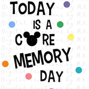 May include: A white background with the text "TODAY IS A CORE MEMORY DAY" in black. A Mickey Mouse head replaces the "O" in CORE. Colorful polka dots surround the text. "Digital Creations by MK" is written in the background.