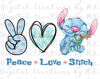 Peace Love Stitch, PNG 300dpi, Digital File, Watercolor, Instant Download