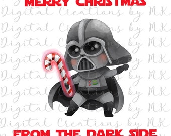 Peut inclure: Une illustration aquarelle de Dark Vador tenant une canne en sucre. Le texte "Joyeux Noël du côté obscur" est écrit en lettres rouges.