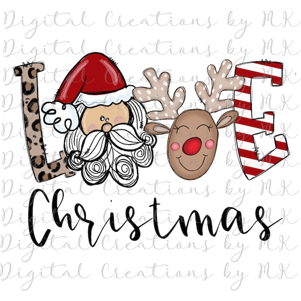 Love Christmas Santa and Reindeer, Doodle Christmas PNG File 300 dpi Sublimation, Decal