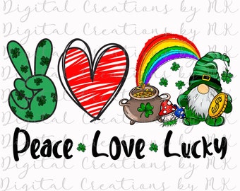 Gnomo del Día de San Patricio, Paz, Amor y Suerte, PNG 300 dpi, Sublimación, Archivo Digital, Descarga Instantánea