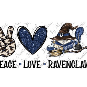 以下が含まれることがあります： 平和、愛、そしてレイブンクロー！青いグリッターハート、魔女の帽子が付いた平和サイン、そして魔女の帽子、羽根、本、ほうきが付いた魔女の帽子。