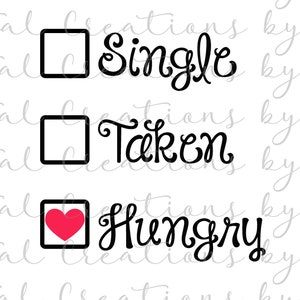 May include: A graphic with three check boxes. The first two boxes are empty, with the words "Single" and "Taken" next to them. The third box contains a red heart and the word "Hungry".
