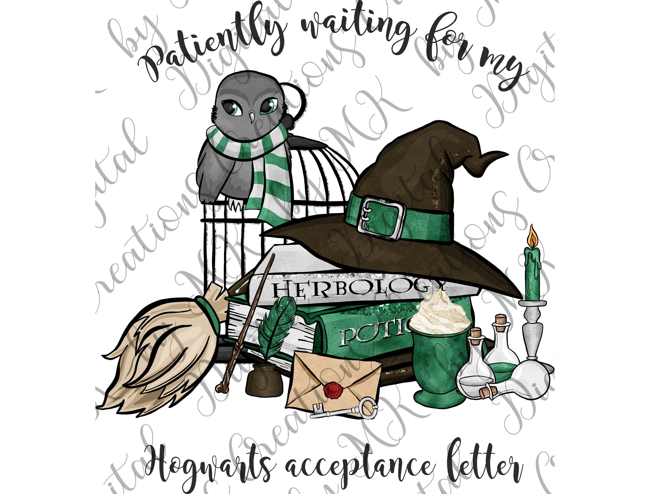 Green Wizard, Patiently Waiting Letter W/Owl,  PNG File, 300 dpi, Decal, Instant Download