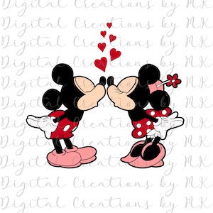 Może przedstawiać: Czarno-biała ilustracja przedstawiająca Myszki Miki i Minnie całujących się. Oboje ubrani są w czerwono-białe sukienki w kropki. Nad nimi unoszą się czerwone serduszka.
