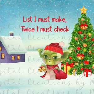 Puede incluir: Una ilustración navideña caprichosa con un personaje verde con gorro y bufanda rojos, sosteniendo campanas y un saco. Un árbol de Navidad decorado, una casa morada y el texto "List I must make, Twice I must check" también están presentes.