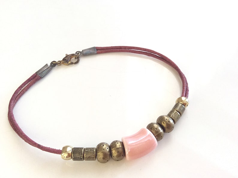 Boho bracelet Leather bracelet Ceramic bracelet Pink bracelet Bronze bracelet Size large bracelet Summer jewellery Gift for her