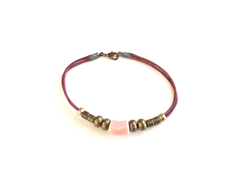 Boho bracelet Leather bracelet Ceramic bracelet Pink bracelet Bronze bracelet Size large bracelet Summer jewellery Gift for her