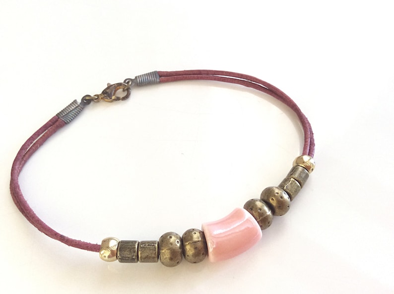 Boho bracelet Leather bracelet Ceramic bracelet Pink bracelet Bronze bracelet Size large bracelet Summer jewellery Gift for her