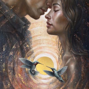 May include: An artistic painting depicts a man and woman in a tender embrace, their faces close. Two hummingbirds fly towards a golden sun. The background features swirling patterns and warm colors, creating a sense of intimacy.