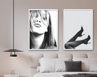 Set van twee zwart-witafdrukken, fashion Wall Art Duo, Girl & Heels Art, chic decor, slaapkamerset, DIGITALE DOWNLOAD