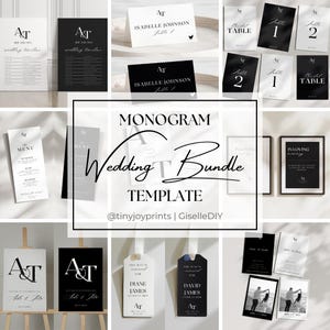 May include: A black and white wedding bundle template with the monogram "AT" in a script font. The bundle includes various printable items such as menus, table numbers, place cards, and signage. The text "Wedding Bundle Template" is written in a bold, cursive font.
