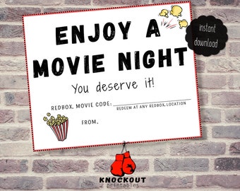 Disfrute de una noche de cine Etiquetas de regalo Redbox® imprimibles - Películas Código Redbox® Tarjeta de feliz cumpleaños - Favor de película - 4 en la página Descarga digital instantánea