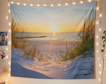 Beach Sunset Wall Tapestry | Sandy Dune Ocean View Nature Hanging | Coastal Bedroom Decor
