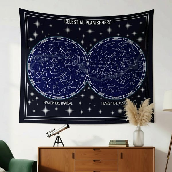 Celestial Star Map Wall Tapestry | Navy Blue Space Constellation Hanging | Astronomy Room Decor