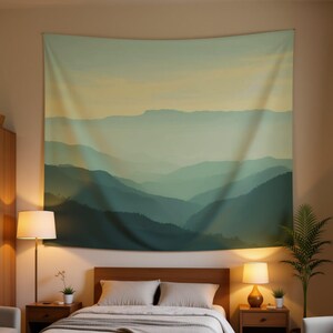 Mountain Landscape Tapestry | Misty Teal Blue Ridge Wall Hanging | Boho Bedroom Nature Decor