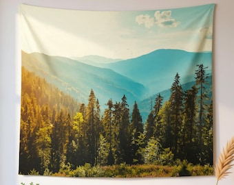 Tapiz de pared de bosque de montaña / Decoración de dormitorio con paisaje boscoso
