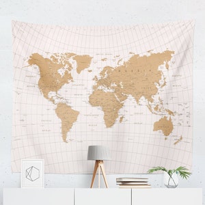 Gold World Map Tapestry Wall Hanging Art