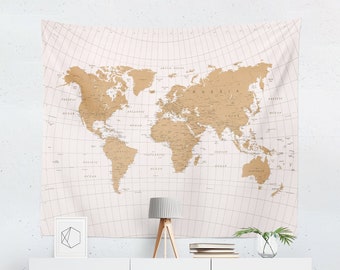Gold World Map Tapestry Wall Hanging Art