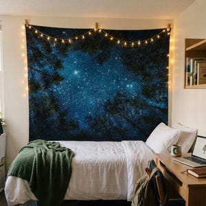 Starry Night Forest Tapestry — Stars Through Tree Canopy Wall Hanging, Celestial Nature Decor, Bedroom or Dorm Art, 4 Sizes