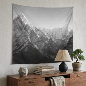 Black and White Mountain Wall Tapestry — Himalayan Peak Landscape Art, Minimalist Nature Photography, Lightweight Polyester, 5 Sizes
