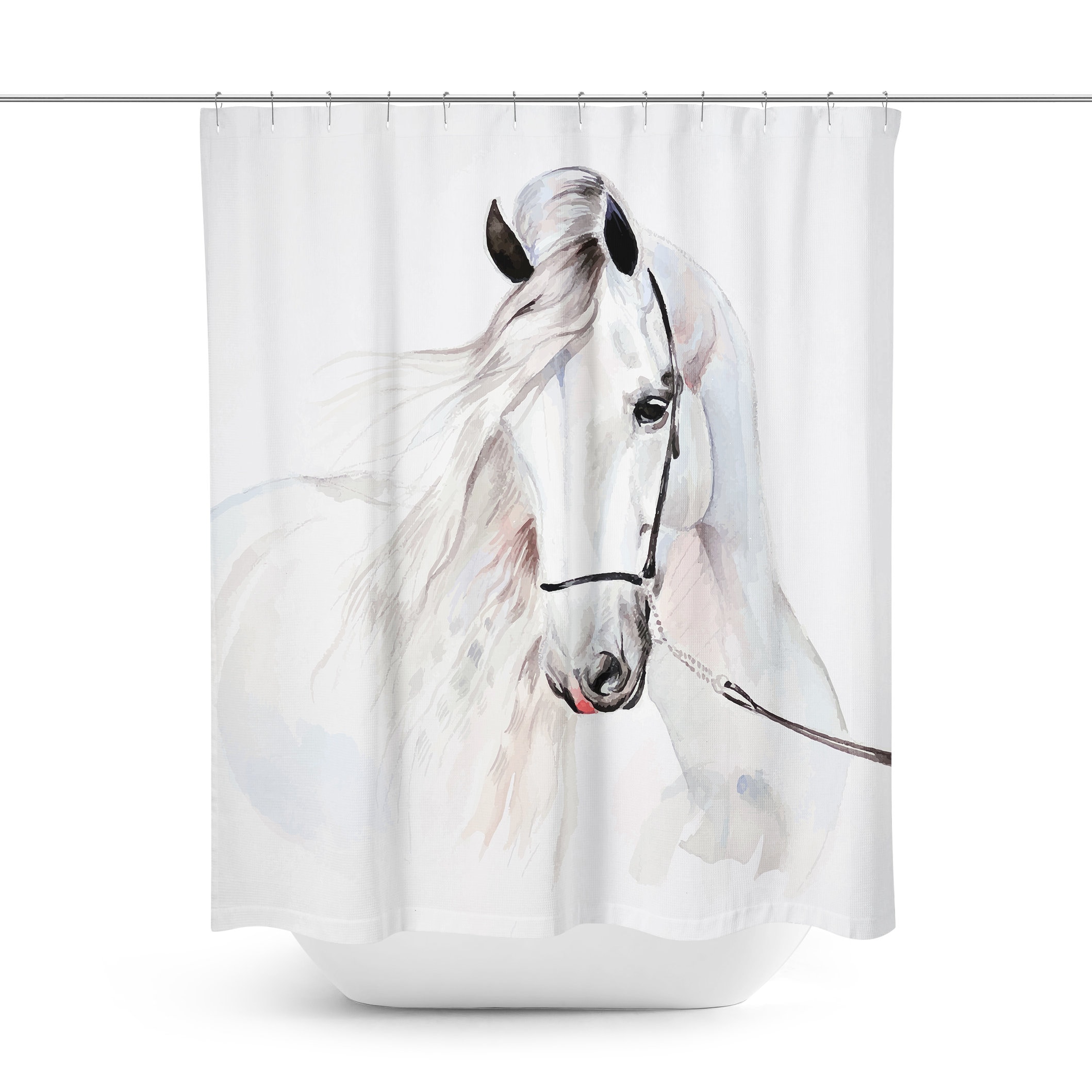 Horse Couple Portrait Shower Curtain Set Waterproof Fabric Decor Curtains& Hooks