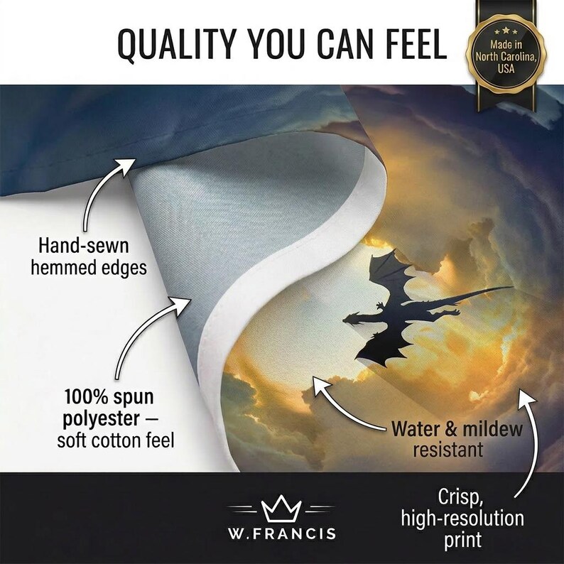 May include: A close-up of a fabric with a dragon silhouette against a cloudy sky. The fabric is made of 100% spun polyester with hand-sewn hemmed edges. The fabric is water and mildew resistant with a crisp, high-resolution print.