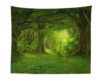 Green Enchanted Forest Tapestry | Magical Nature Wall Art
