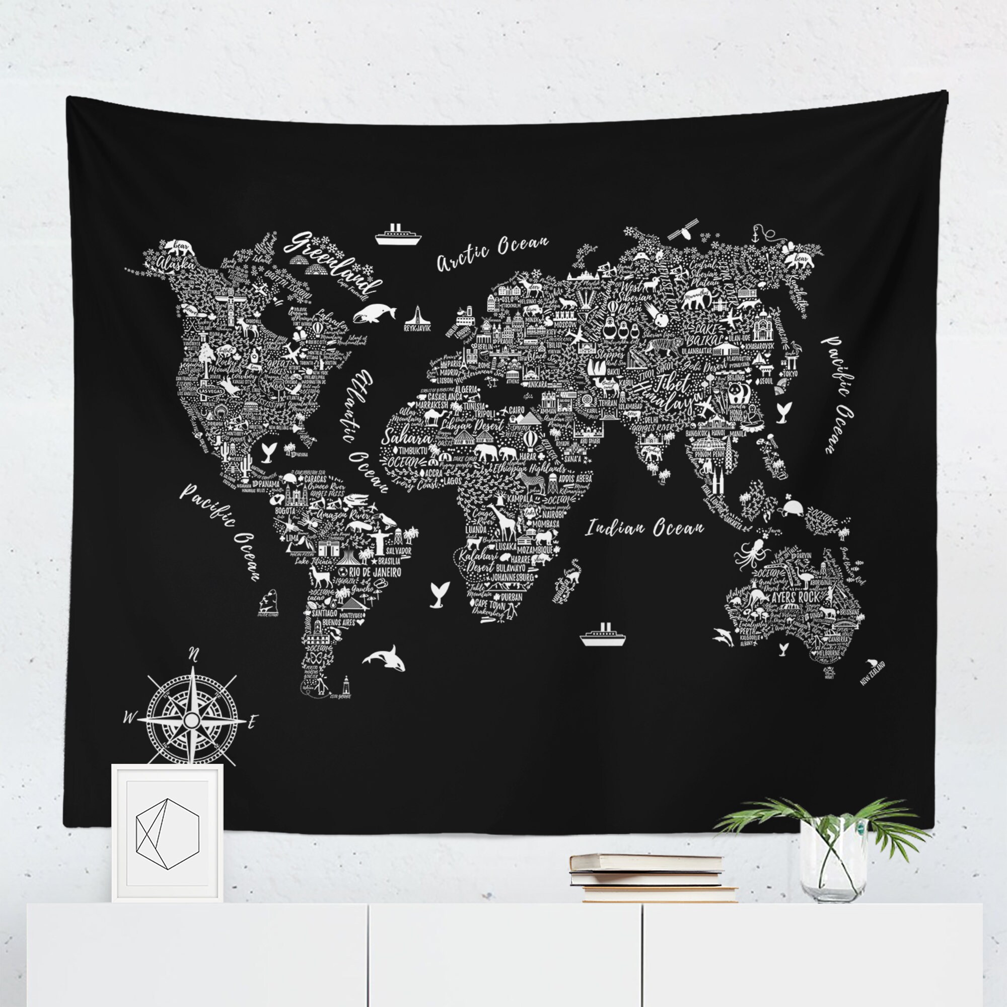 World Map Tapestry World Map Wall Hanging World Map Wall Etsy