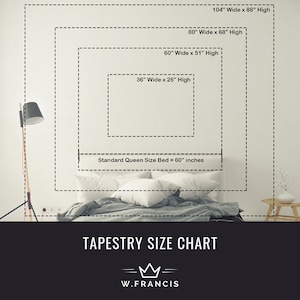 May include: A size chart for tapestries, showing different sizes in inches, with a queen size bed for reference. The chart includes the following sizes: 104" x 88", 80" x 68", 60" x 51", and 36" x 26". The chart is labeled "Tapestry Size Chart" and "W. Francis".